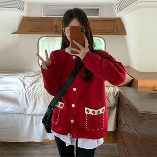 Long-sleeve Embroidered Knit Cardigan Red - One Size