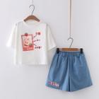 Elbow-sleeve Cartoon Print T-shirt / Wide-leg Shorts
