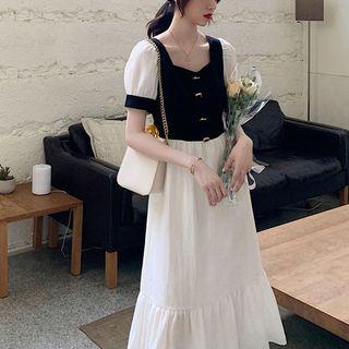 Short-sleeve Square Neck Color Block Dress
