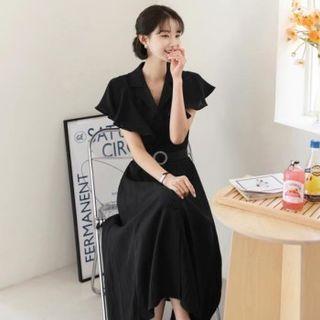 Ruffle-sleeve Long Flare Dress With Belt