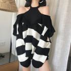 Striped Off-shoulder Long-sleeve Loose-fit Knit Top