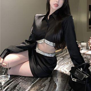 Details Rhinestone Crop Shirt / High-waist Mini Skirt