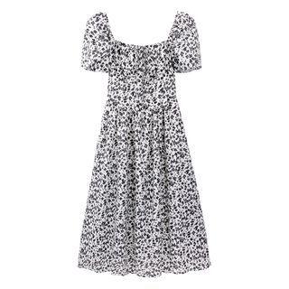 Puff-sleeve Floral Midi A-line Dress Dress - Black & White - One Size