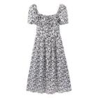 Puff-sleeve Floral Midi A-line Dress Dress - Black & White - One Size