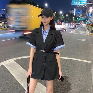 Lapel Collar Short-sleeve Blazer / Short-sleeve Striped Shirt