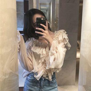 Loose-fit Ruffled Chiffon Blouse Almond - One Size