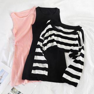 Set: Sleeveless Crew-neck Knit Dress + Cropped Long-sleeve Knit Top