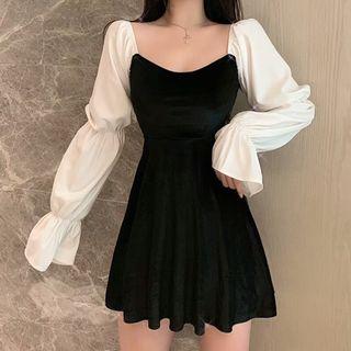 Balloon-sleeve Paneled Velvet A-line Dress