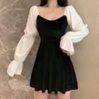 Balloon-sleeve Paneled Velvet A-line Dress
