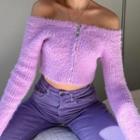 Furry Zip-up Sweater Purple - One Size