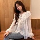 Flared-cuff Ruffled Lace Blouse White - One Size