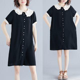 Short-sleeve Contrast Trim A-line Buttoned Dress