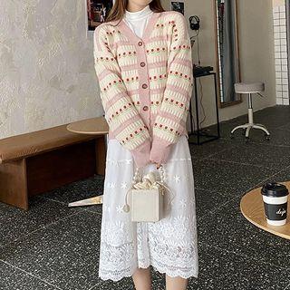 Floral Print Cardigan / Mock-neck Knit Top / Lace Midi Skirt / Set