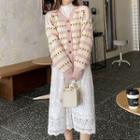 Floral Print Cardigan / Mock-neck Knit Top / Lace Midi Skirt / Set