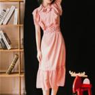 Short-sleeve Dotted Midi Chiffon Dress
