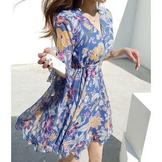 Wrap-front Floral Print Dress Blue - M