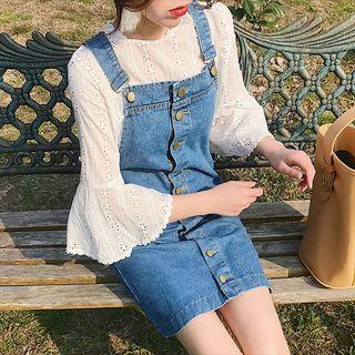 Denim Pinafore / Elbow-sleeve Lace Top