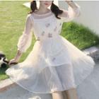 Set: Plain Slipdress + Flower Applique 3/4-sleeve Dress