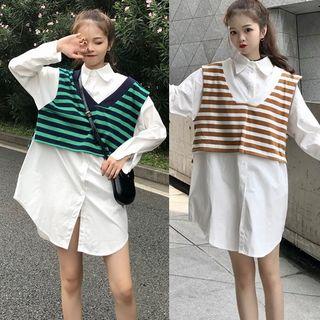 Set: Long Sleeve Plain Shirt Dress + Striped Tank Top