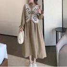 Bell-sleeve Midi A-line Dress / Flower Print Vest