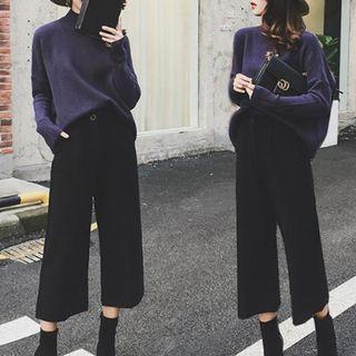 Set: Mock-neck Sweater + Wide-leg Cropped Pants