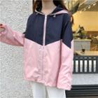 Color Block Hooded Zip Jacket Pink & Navy Blue - One Size