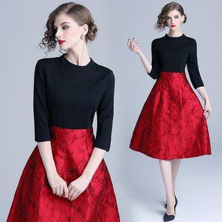 Mock Two-piece 3/4-sleeve Floral Midi A-line Dress