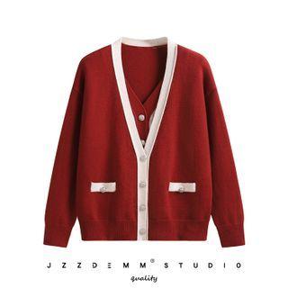 Mock Two Piece Cardigan Red - One Size