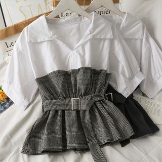 Patchwork Colorblock Blouse With Belt