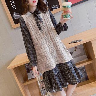 Set: Puff-sleeve Plaid Midi A-line Dress + Knit Sweater Vest