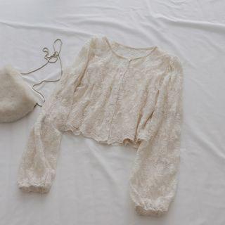 Crewneck Lace Long-sleeve Cardigan Almond - One Size