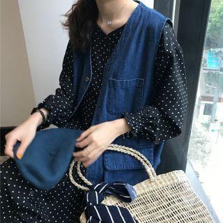 Dotted Long-sleeve A-line Dress / Denim Vest