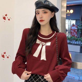 Bishop-sleeve Bow Print Knit Top
