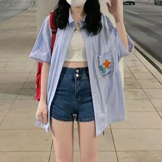 Short-sleeve Cartoon Print Striped Shirt Stripe - Blue - One Size