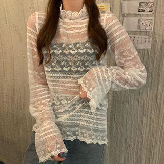 Lace Mesh Semi High-neck Long-sleeve Top White Lace - One Size