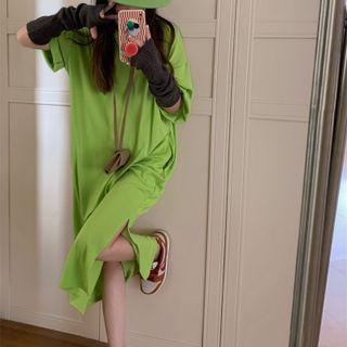 Short Sleeve Plain Oversized Slit Dress Apple Green - One Size