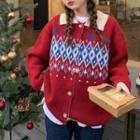 Contrast Trim Lapel Geometric Pattern Long-sleeve Cardigan Red - One Size