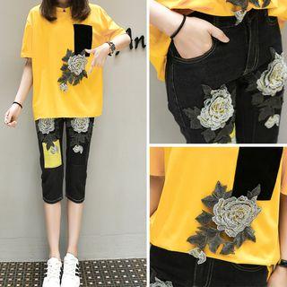 Set: Short-sleeve Applique T-shirt + Capri Jeans