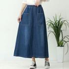 Denim Maxi A-line Skirt Dark Blue - One Size