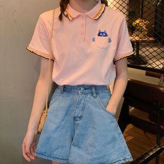 Short-sleeve Cat Embroidered Collared T-shirt
