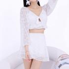 Puff-sleeve Floral Embroidered Bikini