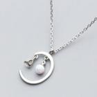 925 Sterling Silver Rhinestone Faux Pearl Moon Pendant Necklace