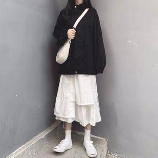Drawstring Zip Jacket / Irregular A-line Midi Skirt