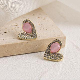 Rhinestone Heart Stud Earrings Pink & Gold - One Size