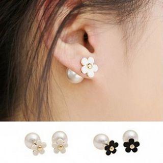 Faux Pearl Flower Earring 1 Pair - Black - One Size