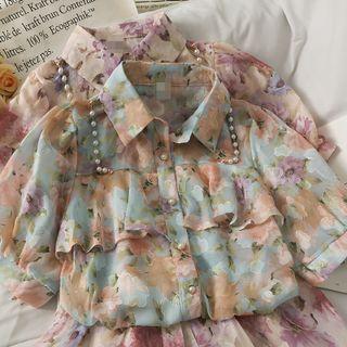 Pearl-trim Ruffled Printed Chiffon Shirt