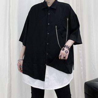 Short-sleeve Chain Accent Two-tone Panel Shirt