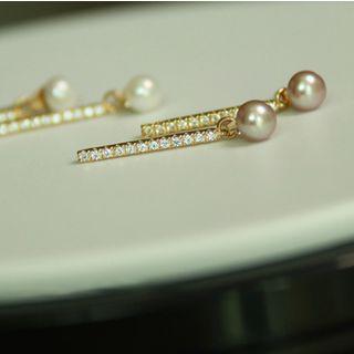 925 Sterling Silver Freshwater Pearl Rhinestone Bar Earring