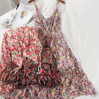 Floral Print Spaghetti-strap Maxi A-line Crinkle Dress