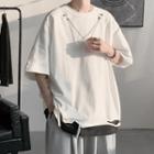 Mock Two-piece Elbow-sleeve Distressed T-shirt